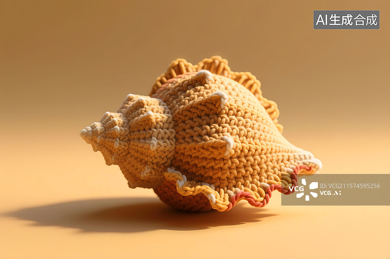 【AI数字艺术】3D立体三维C4D钩针风格纺织品羊毛线编织毛毡制品毛绒绒海洋海鲜海产食品可爱卡通玩具玩偶海螺图片素材