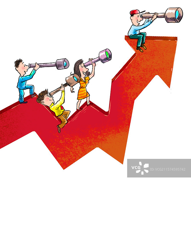 可爱的男商人女商人在红色箭头上，用望远镜观察未来，经济发展趋势图片素材