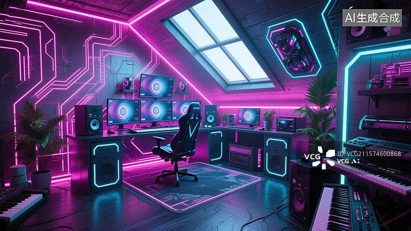 【AI数字艺术】霓虹电竞房的未来感图片素材