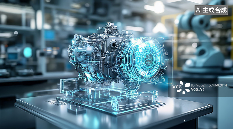 【AI数字艺术】未来工厂中的透明发动机模型图片素材