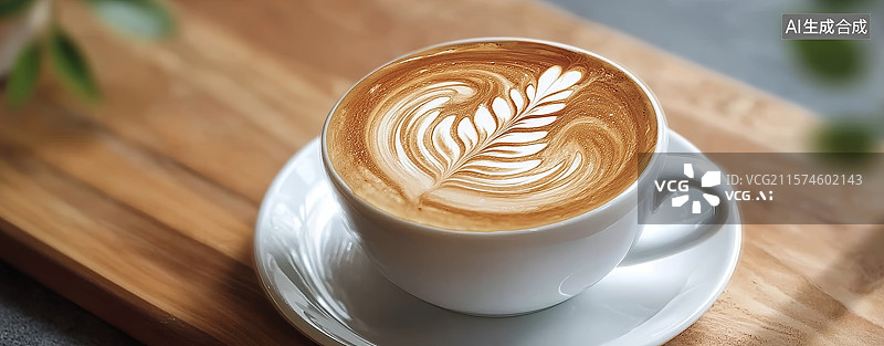 【AI数字艺术】精美拉花咖啡置于木质托盘图片素材