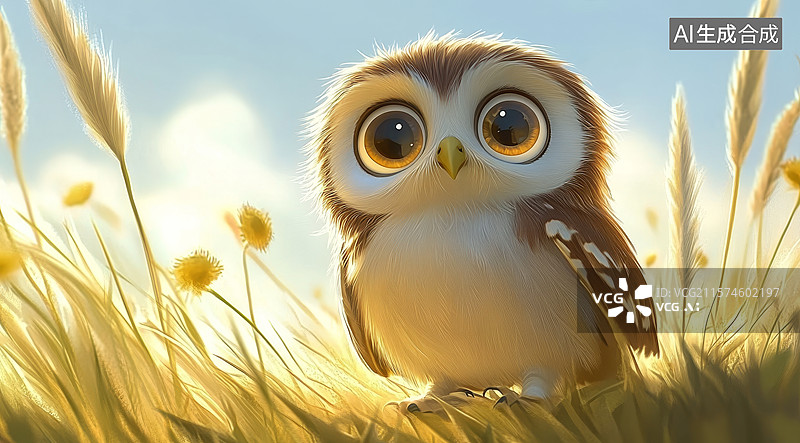 【AI数字艺术】草地上可爱的大眼猫头鹰图片素材