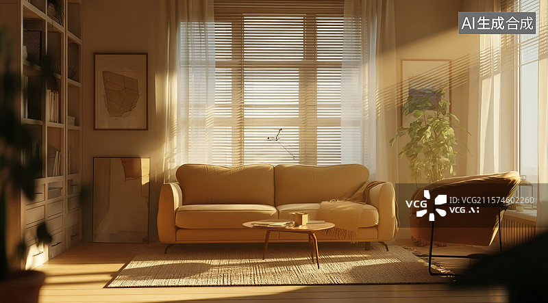 【AI数字艺术】温馨客厅阳光透过窗帘图片素材
