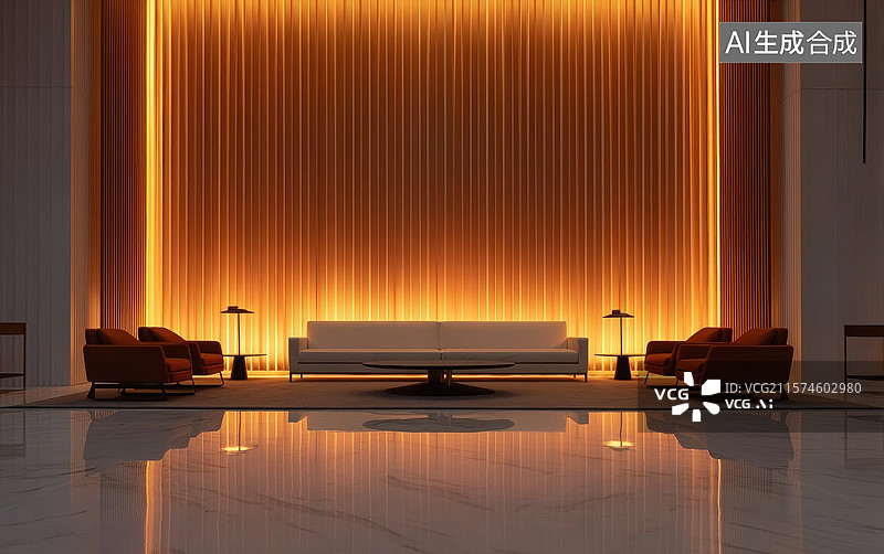 【AI数字艺术】现代客厅设计，暖光背景墙图片素材