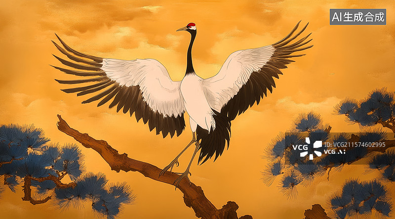 【AI数字艺术】松枝上的展翅仙鹤图片素材