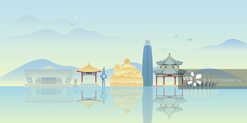 济南城市天际线建筑插画图片素材