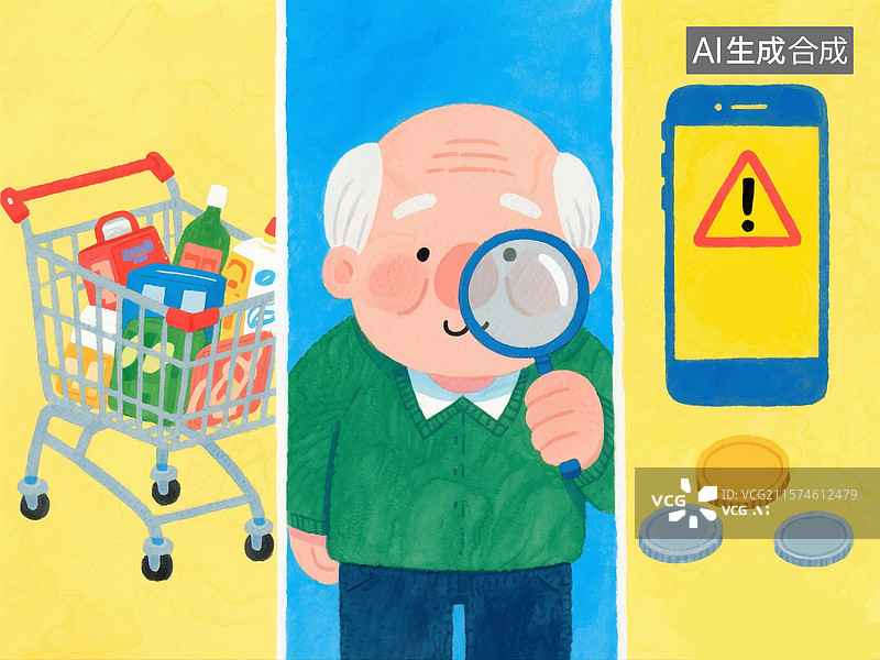 【AI数字艺术】举放大镜老人与购物车、金融理财场景画面图片素材