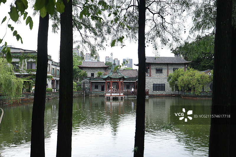 可园广东四大名园雨中江南园林下雨景色图片素材