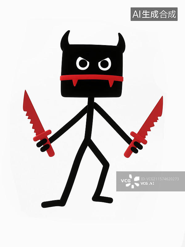 【AI数字艺术】少儿手绘拿双刀的卡通小恶魔形象图片素材