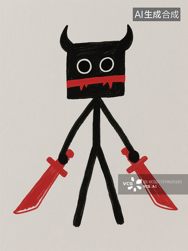 【AI数字艺术】少儿手绘拿双刀的卡通小恶魔形象图片素材