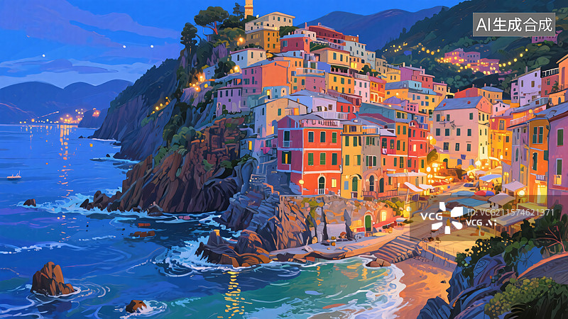 【AI数字艺术】五渔村夜曲：海岸浪漫与璀璨之光图片素材