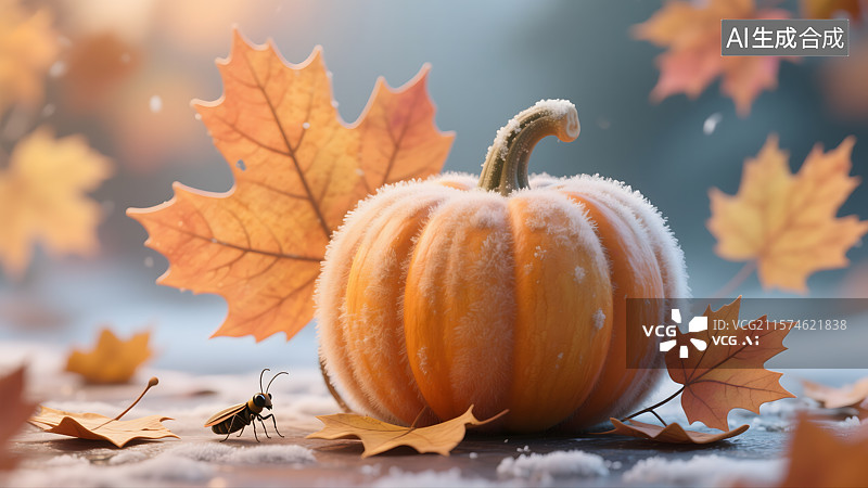 【AI数字艺术】霜降南瓜与秋叶寒露图片素材