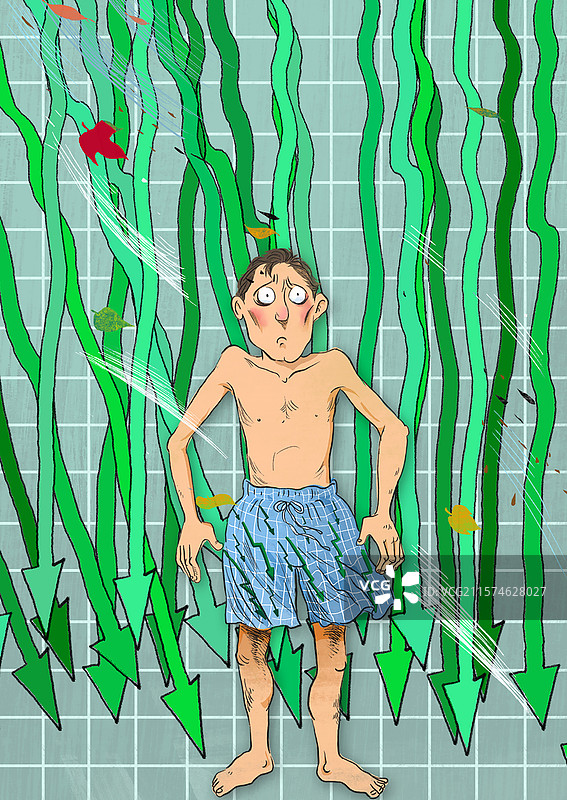 在下跌的股市箭头前，一个股民男人穷的只剩裤衩图片素材