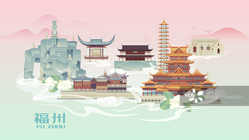 福州城市建筑风景插画图片素材