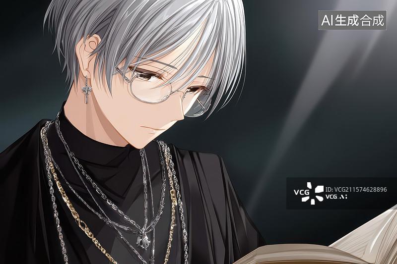 【AI数字艺术】银发少年专注阅读魔法书页微光图片素材