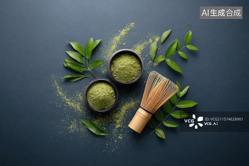 【AI数字艺术】抹茶粉末与茶筅静物组合特写图片素材