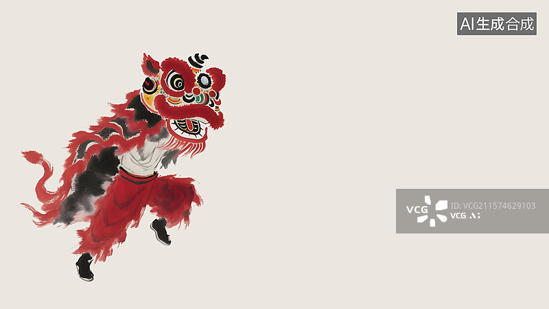【AI数字艺术】舞狮表演水墨画背景居左图片素材