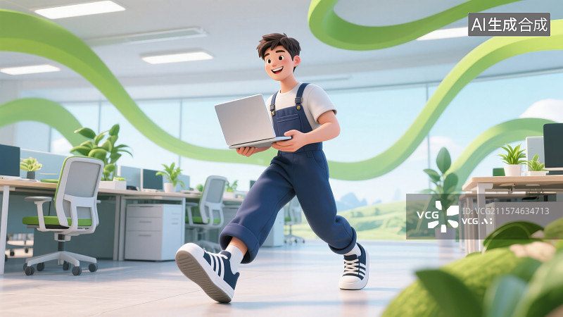 【AI数字艺术】周围环绕着流动的抽象绿色曲线办公室工位旁身着工装裤与运动鞋双手捧着笔记本电脑奔跑姿势的男性工程师图片素材