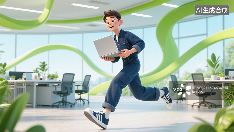 【AI数字艺术】周围环绕着流动的抽象绿色曲线办公室工位旁身着工装裤与运动鞋双手捧着笔记本电脑奔跑姿势的男性工程师图片素材