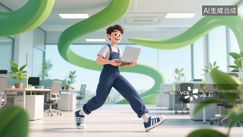 【AI数字艺术】周围环绕着流动的抽象绿色曲线办公室工位旁身着工装裤与运动鞋双手捧着笔记本电脑奔跑姿势的男性工程师图片素材