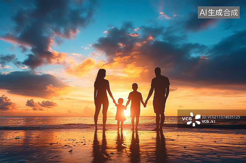 【AI数字艺术】海滩日落时家庭温馨剪影，父母与孩子牵手漫步，夕阳余晖共筑美好亲子时光场景图片素材