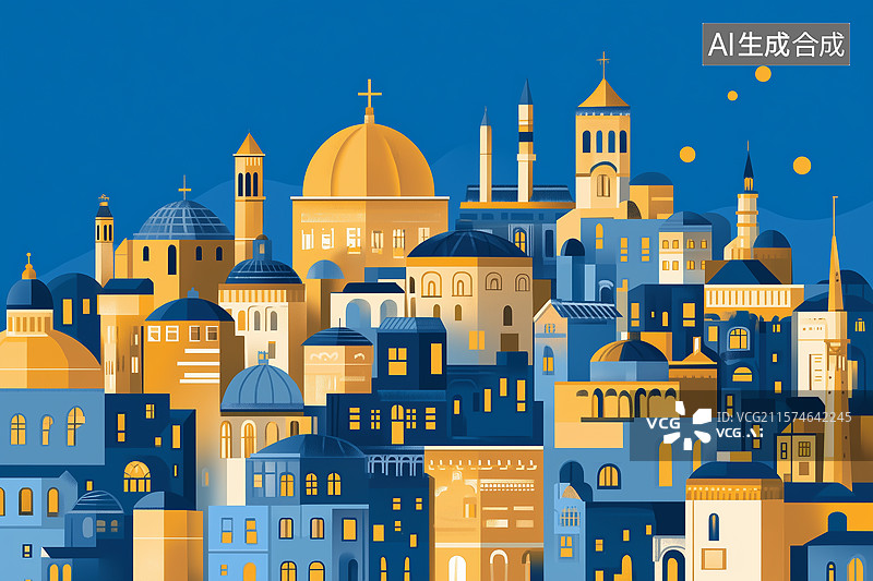 【AI数字艺术】尖塔穹顶城市夜景建筑群图片素材