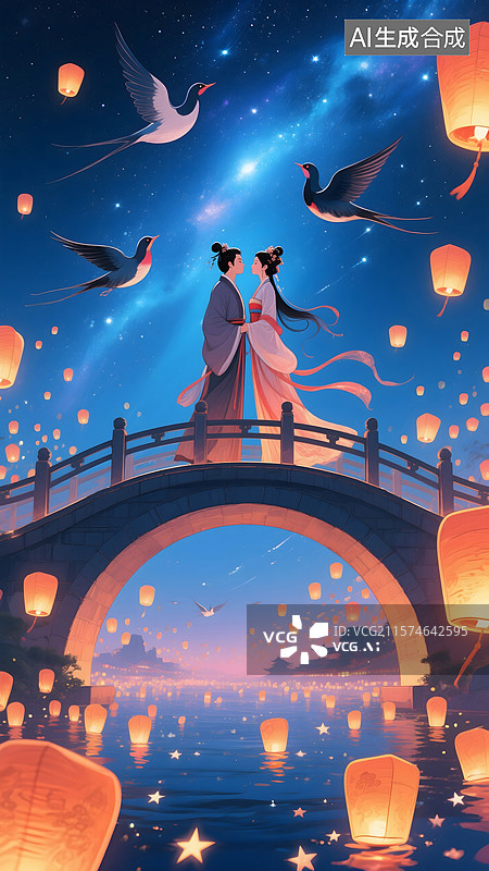 【AI数字艺术】七夕鹊桥相会插画图片素材