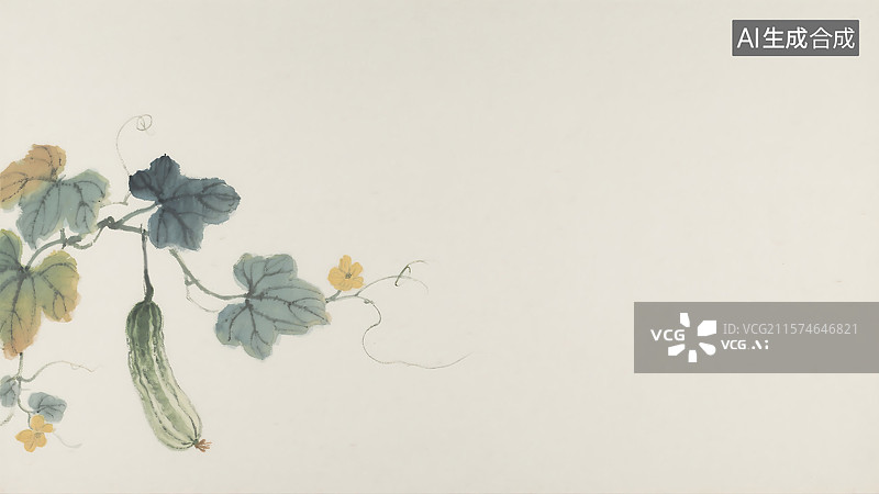【AI数字艺术】水墨画夏季丝瓜瓜藤背景居左图片素材