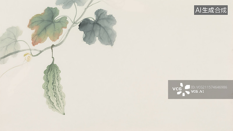 【AI数字艺术】水墨画苦瓜藤背景居左图片素材