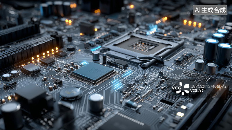 【AI数字艺术】电子主板全景视图与高科技芯片分布示意图片素材