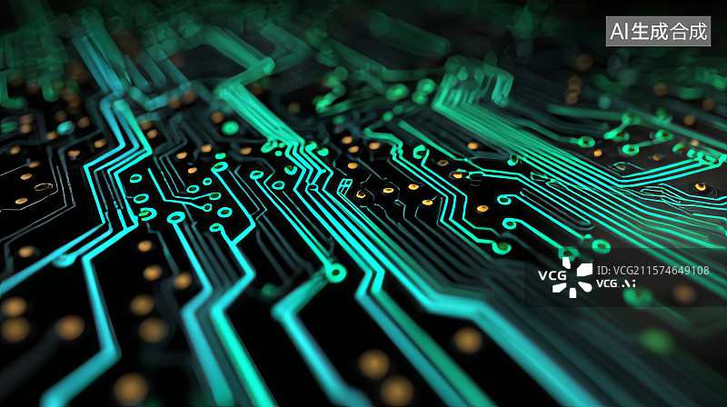 【AI数字艺术】绿色电路板通路与信号传输示意图图片素材