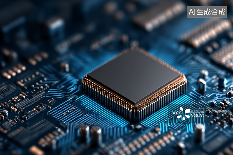 【AI数字艺术】蓝光芯片嵌入高密度主板的现代电子设备图图片素材