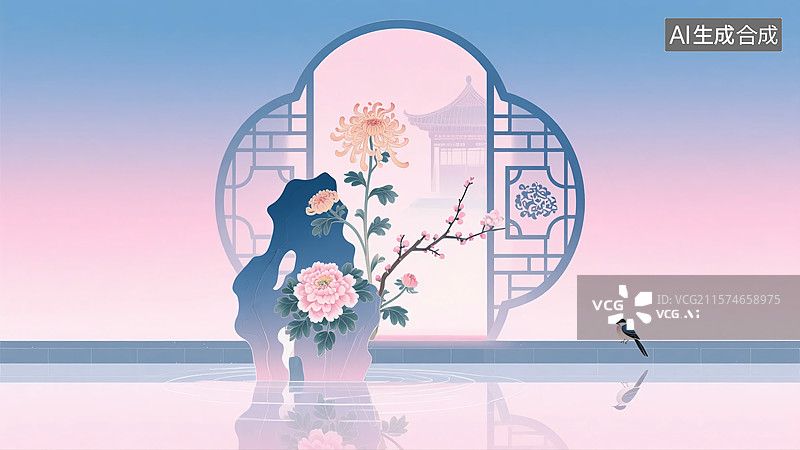 【AI数字艺术】雅韵园林：花鸟共赏图片素材