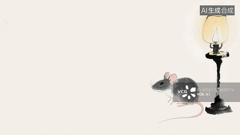 【AI数字艺术】老鼠和灯台水墨画背景居右图片素材