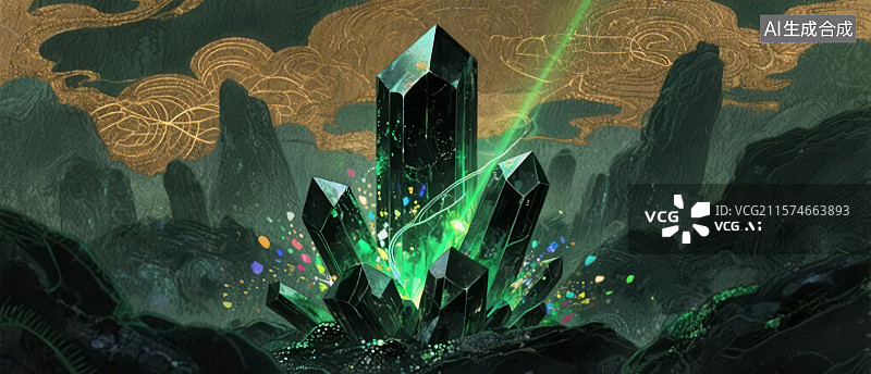 【AI数字艺术】神秘水晶山峰与光芒图片素材
