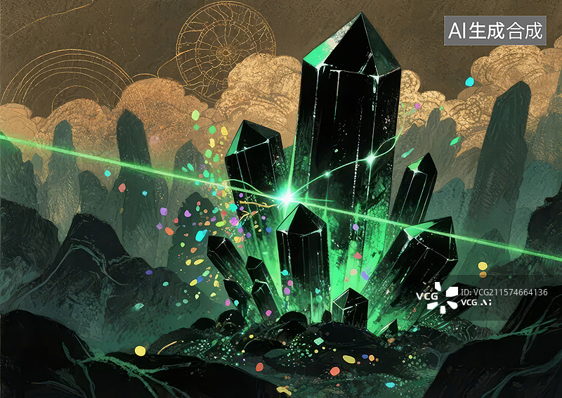 【AI数字艺术】神秘晶簇在夜空下的光辉图片素材