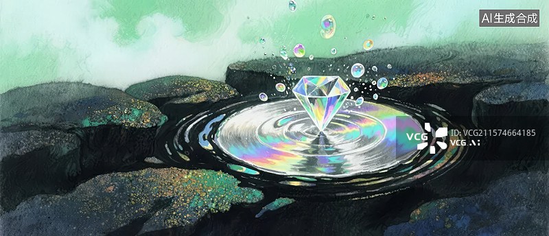【AI数字艺术】钻石落入水面，激起彩色涟漪图片素材