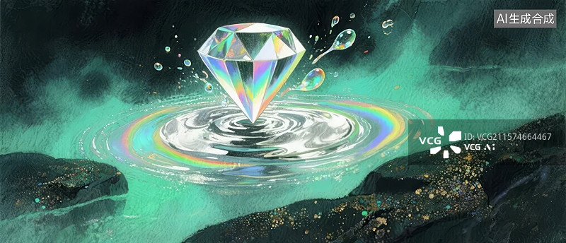 【AI数字艺术】彩虹钻石悬浮水面，激起涟漪图片素材