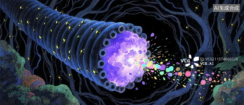 【AI数字艺术】管道释放光粒子的奇幻场景图片素材