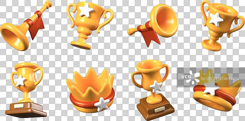 不同位置的金色奖杯与喇叭图片素材
