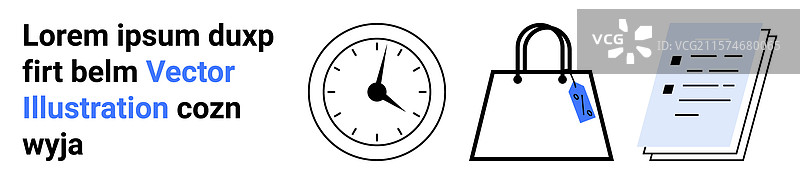 带标签的时钟购物袋和文件堆图片素材