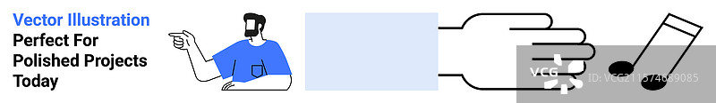 男人指着张开的手，音乐音符交融在一起图片素材