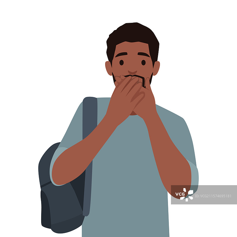 一个背着背包的男人用双手捂住嘴巴图片素材