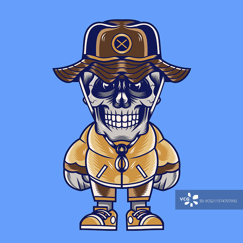 卡通骷髅吉祥物角色设计，戴着狩猎帽图片素材