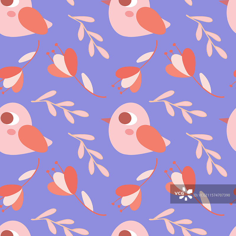 鸟与花的无缝图案，背景为柔和色调图片素材