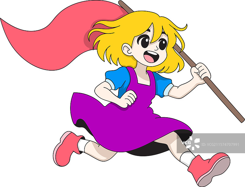 充满活力的小女孩举着一面红旗图片素材