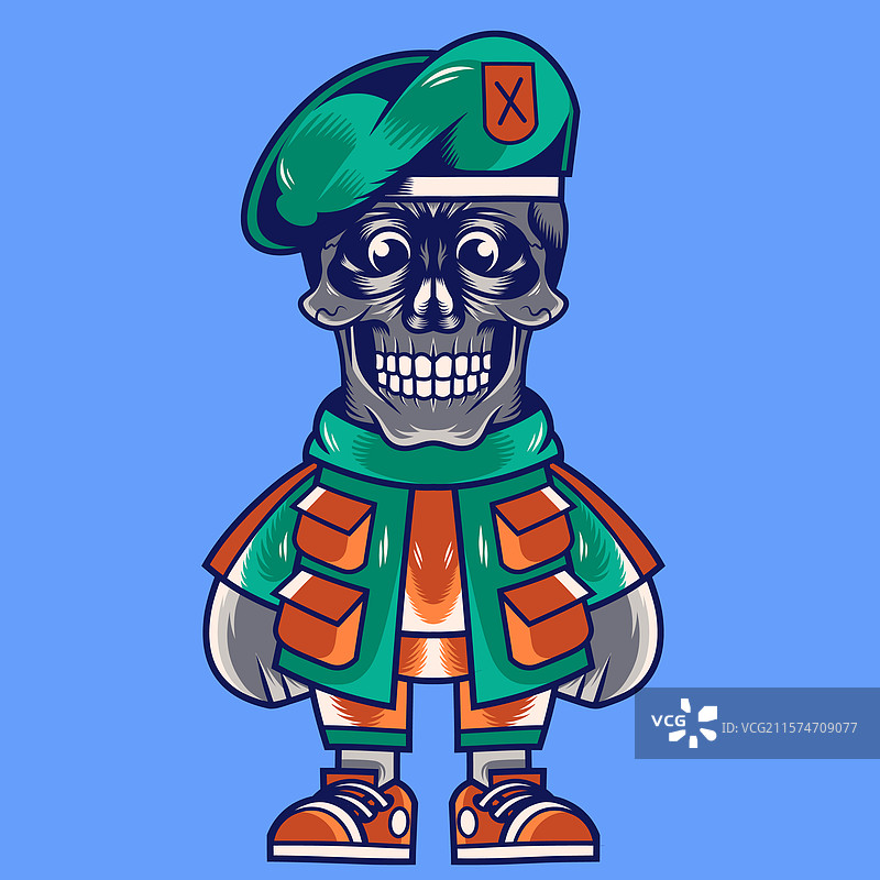 卡通骷髅角色设计，佩戴军用贝雷帽图片素材