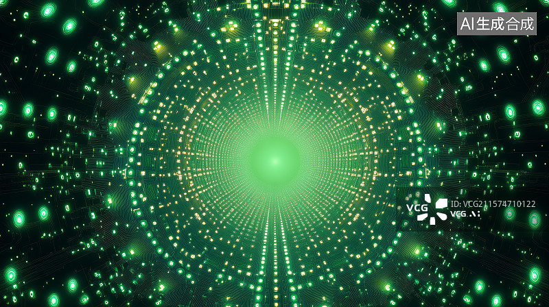 【AI数字艺术】绿色发光点构成的隧道图案图片素材
