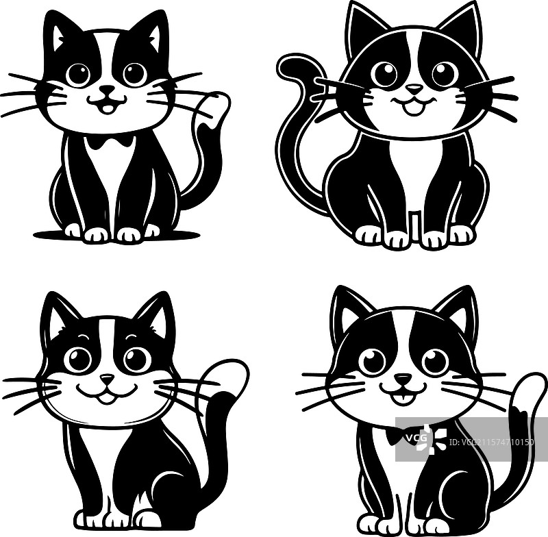 一套黑白设计的卡通猫图案图片素材