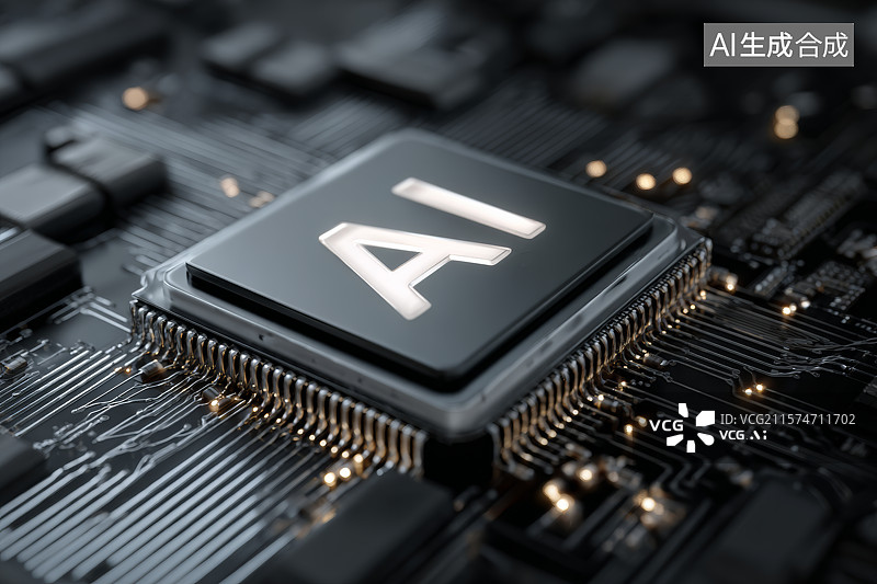 【AI数字艺术】人工智能芯片镶嵌于高密度电路板中图片素材